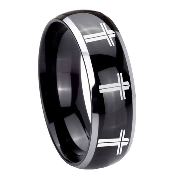 8mm-Multiple-Christian-Cross-Dome-Glossy-Black-2-Tone-Tungsten-Mens-Bands-Ring