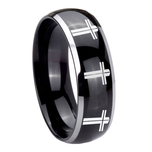 10mm Multiple Christian Cross Dome Glossy Black 2 Tone Tungsten Men's Ring