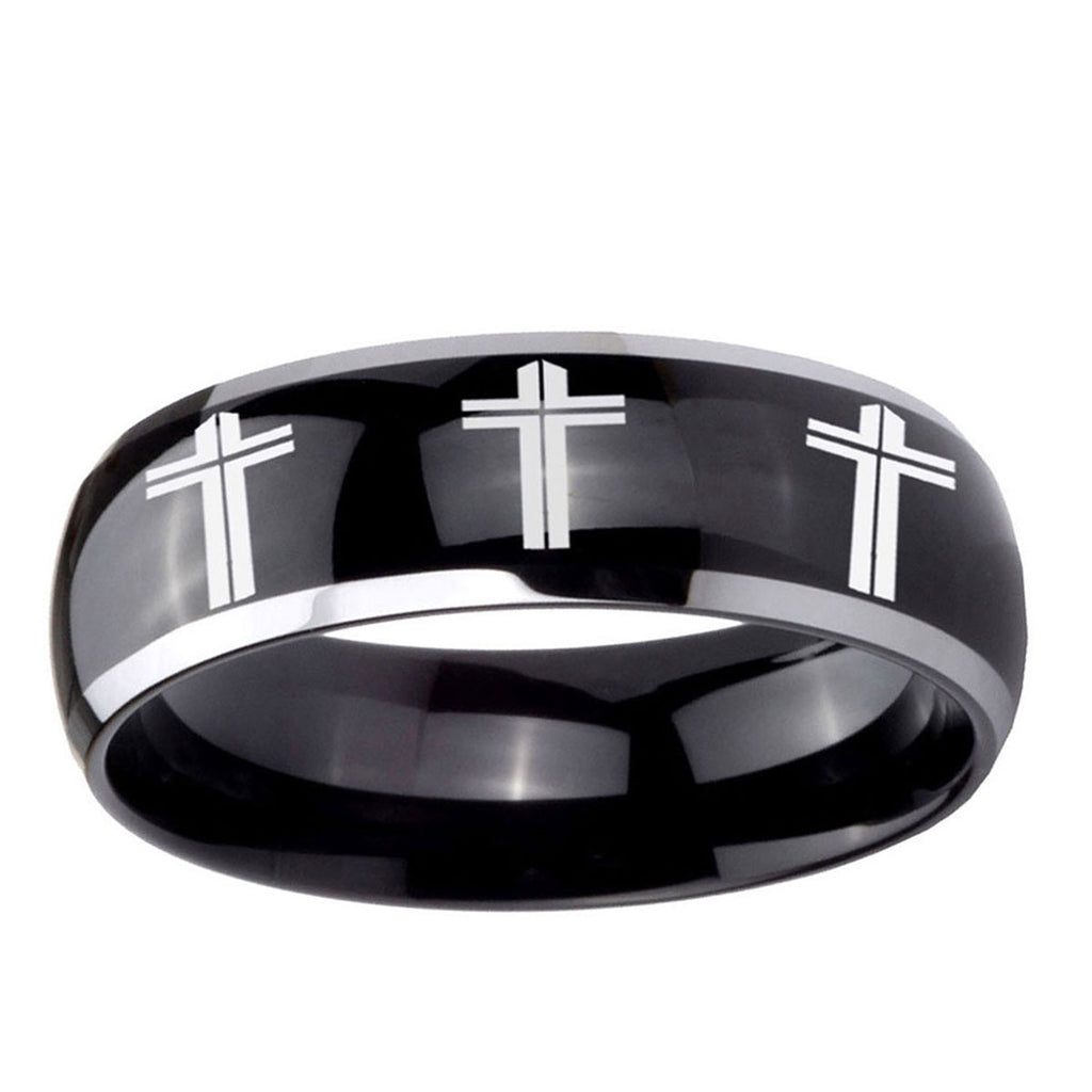 10mm Multiple Christian Cross Dome Glossy Black 2 Tone Tungsten Men's Ring