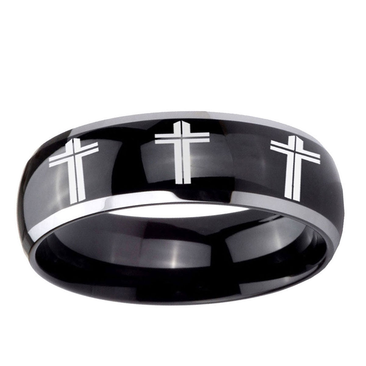 10mm Multiple Christian Cross Dome Glossy Black 2 Tone Tungsten Men's Ring