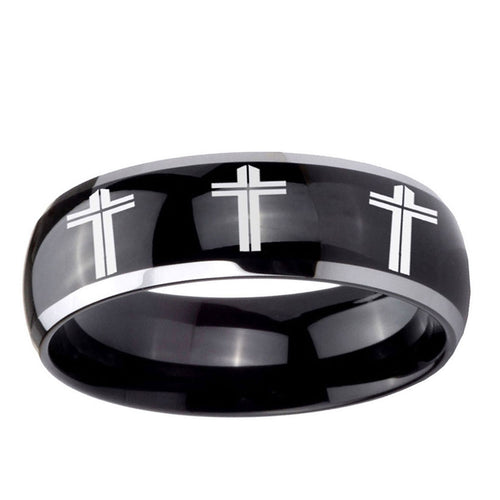 10mm Multiple Christian Cross Dome Glossy Black 2 Tone Tungsten Men's Ring