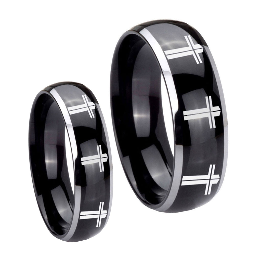 Multiple Christian Cross Dome Glossy Black 2 Tone Tungsten Bridal Set Rings