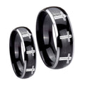 Multiple Christian Cross Dome Glossy Black 2 Tone Tungsten Bridal Set Rings