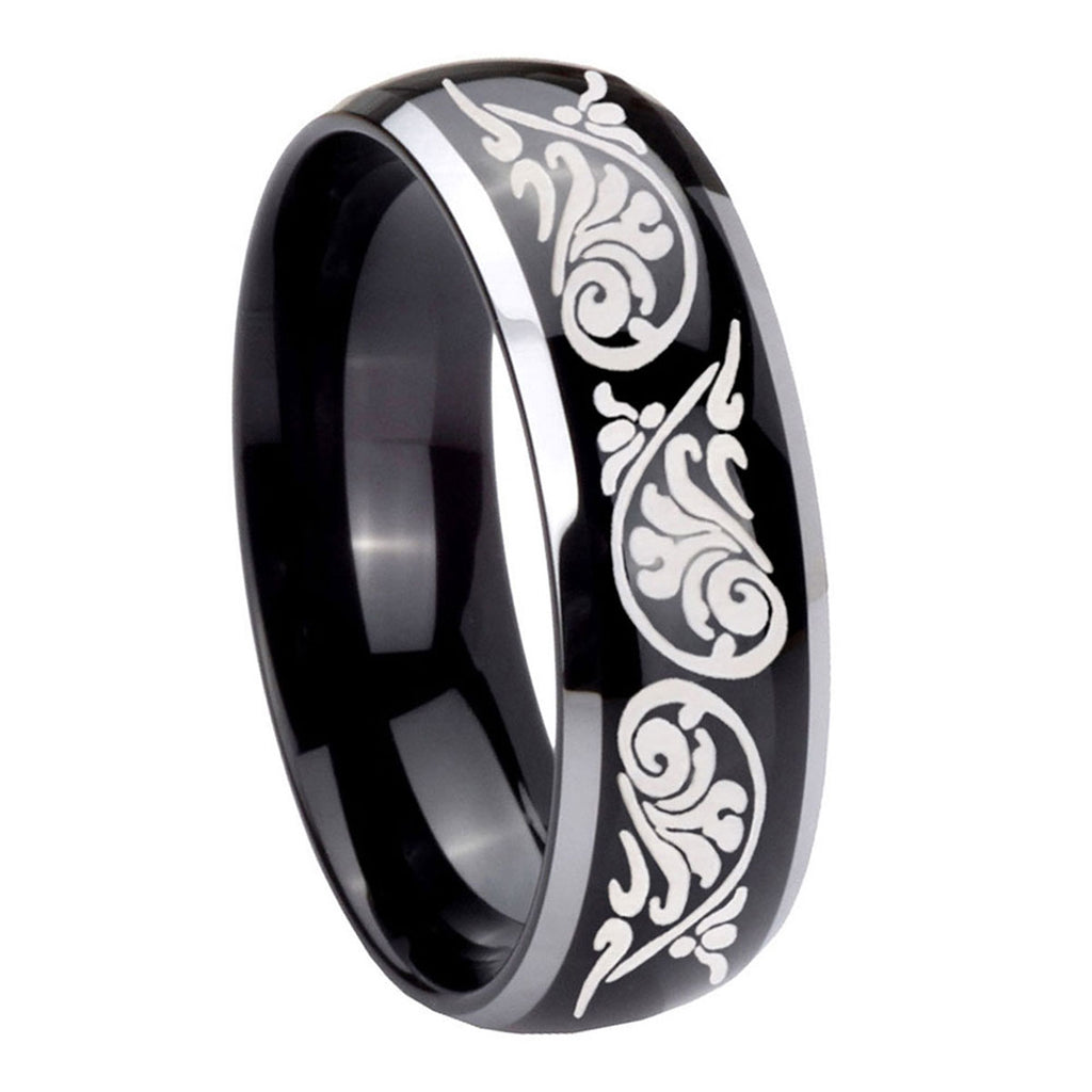 8mm Etched Tribal Pattern Dome Glossy Black 2 Tone Tungsten Band