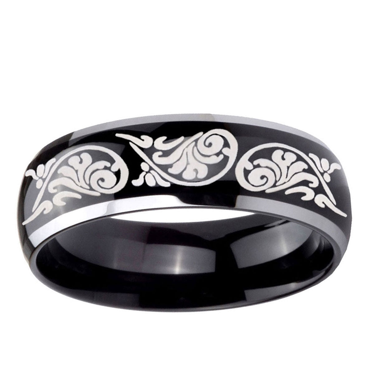 10mm Etched Tribal Pattern Dome Glossy Black 2 Tone Tungsten Carbide Mens Ring