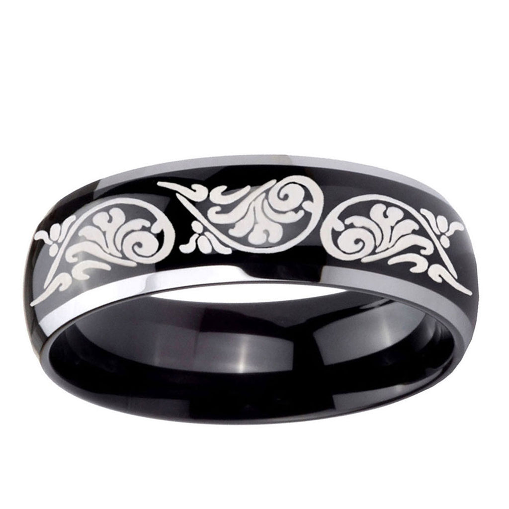 5mm Etched Tribal Pattern Dome Glossy Black 2 Tone Tungsten Band