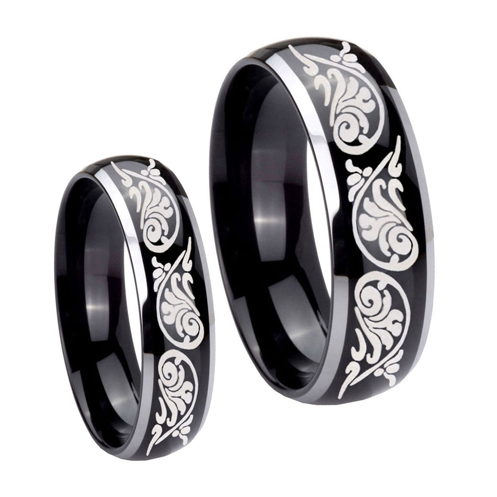 Etched Tribal Pattern Dome Glossy Black 2 Tone Tungsten Couple Rings