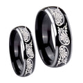Etched Tribal Pattern Dome Glossy Black 2 Tone Tungsten Couple Rings