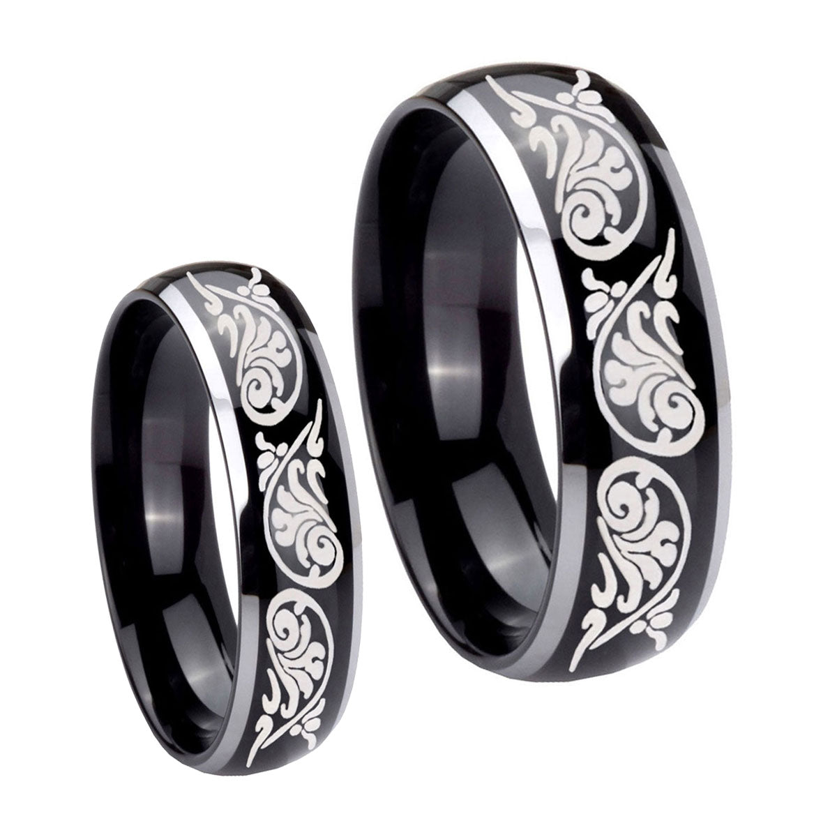 Etched Tribal Pattern Dome Glossy Black 2 Tone Tungsten Couple Rings