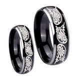His Hers Etched Tribal Pattern Dome Glossy Black 2 Tone Tungsten Mens Ring Set