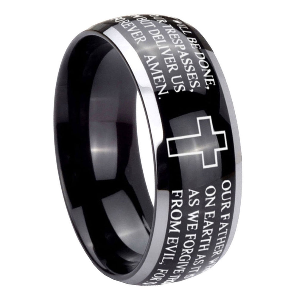 10mm Etched Lord's Prayer Cross Dome Glossy Black 2 Tone Tungsten Carbide Engraved Ring