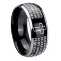 10mm Etched Lord's Prayer Cross Dome Glossy Black 2 Tone Tungsten Carbide Engraved Ring