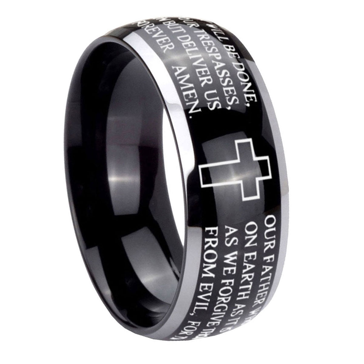 10mm Etched Lord's Prayer Cross Dome Glossy Black 2 Tone Tungsten Carbide Engraved Ring