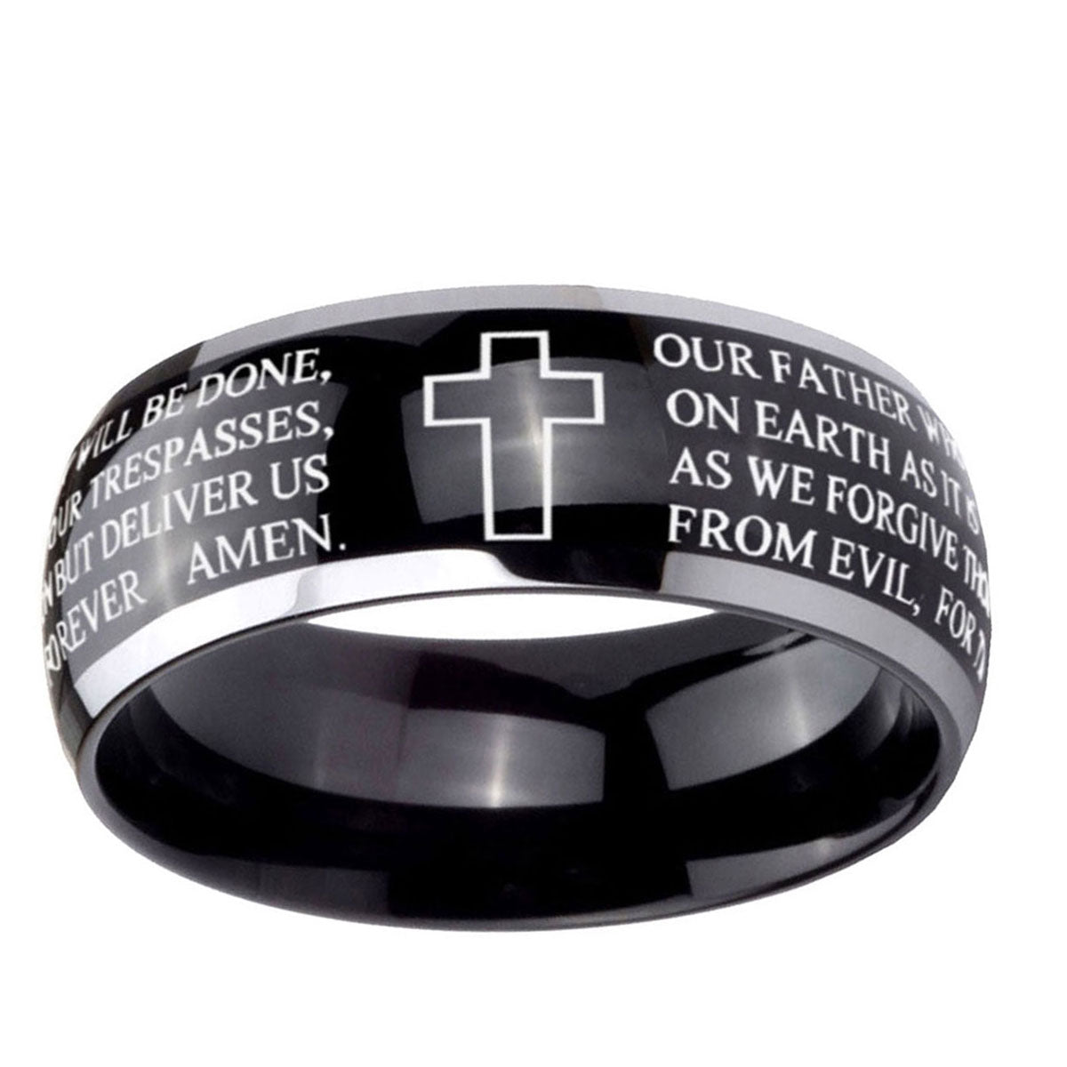 5mm Bible Lord's Prayer Cross Dome Glossy Black 2 Tone Tungsten Ring