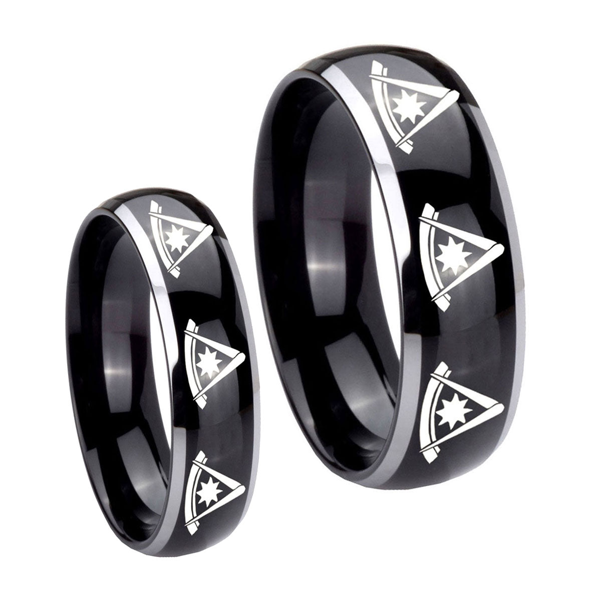 Multiple Pester Master Masonic Dome Glossy Black 2 Tone Tungsten Wedding Ring Sets