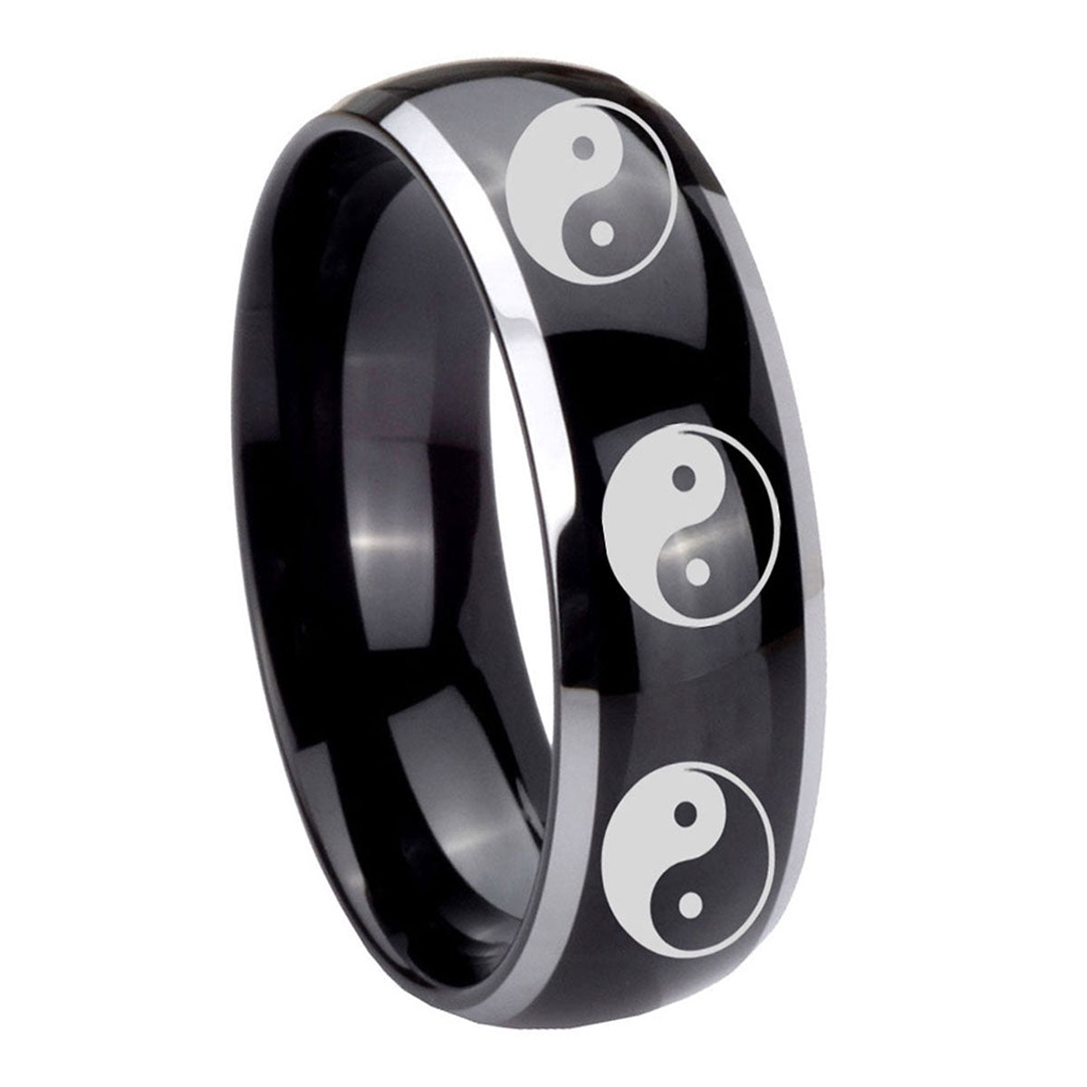 8mm Multiple Yin Yang Dome Glossy Black 2 Tone Tungsten Band