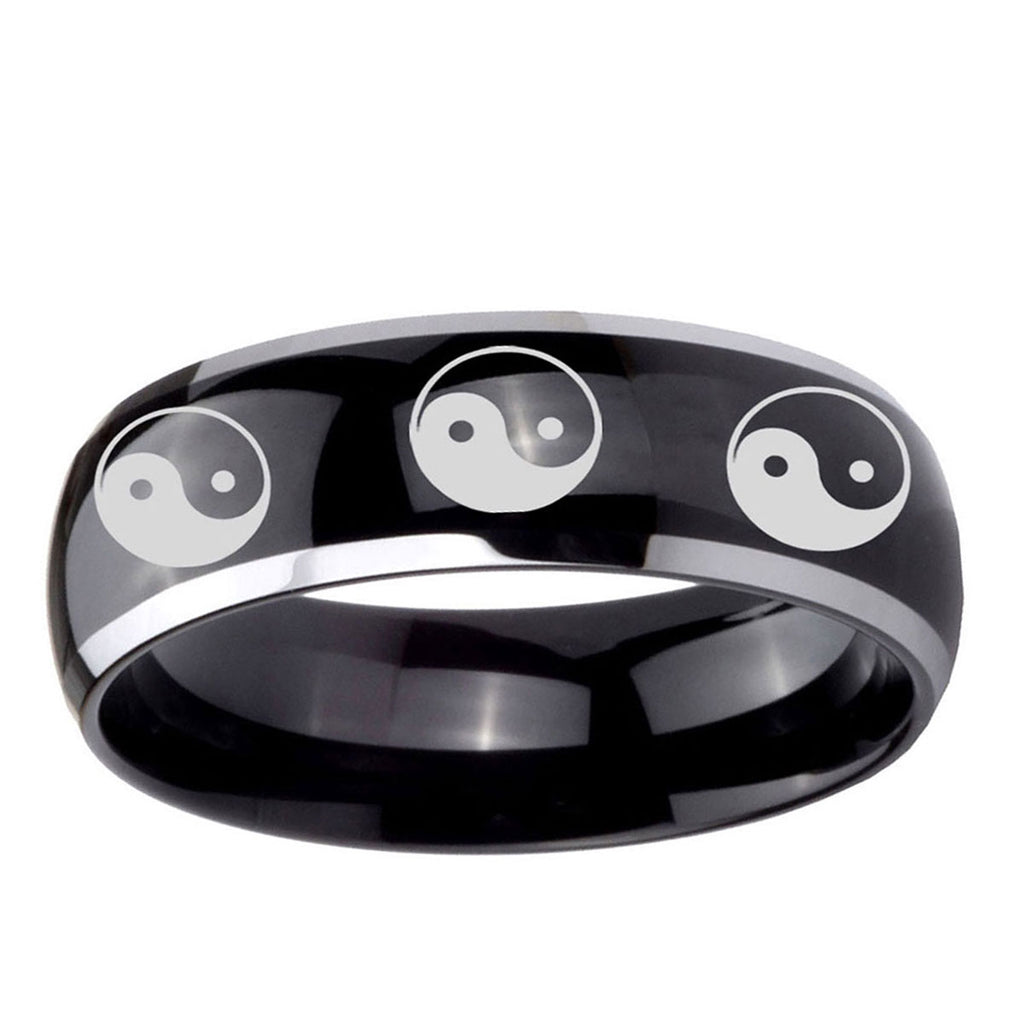 10mm Multiple Yin Yang Dome Glossy Black 2 Tone Tungsten Carbide Mens Ring