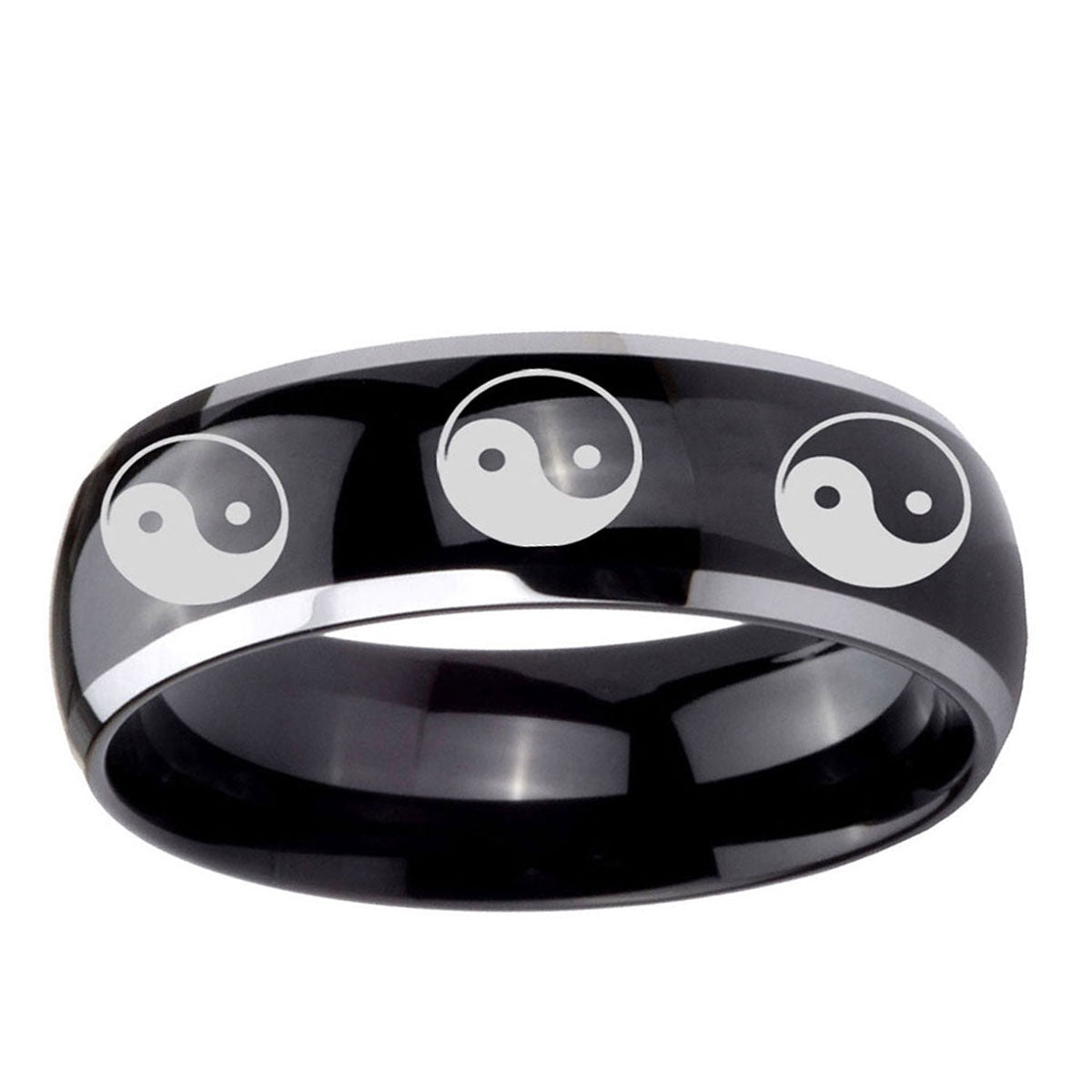 10mm Multiple Yin Yang Dome Glossy Black 2 Tone Tungsten Carbide Mens Ring