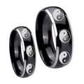 Multiple Yin Yang Dome Glossy Black 2 Tone Tungsten Wedding Band Set