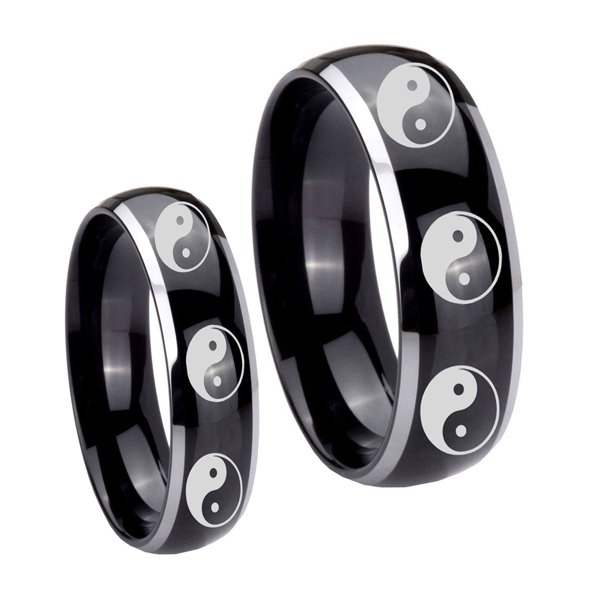 Multiple Yin Yang Dome Glossy Black 2 Tone Tungsten Wedding Band Set