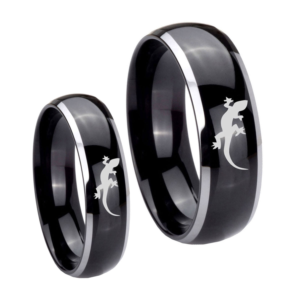 Lizard Dome Glossy Black 2 Tone Tungsten Wedding Set Rings