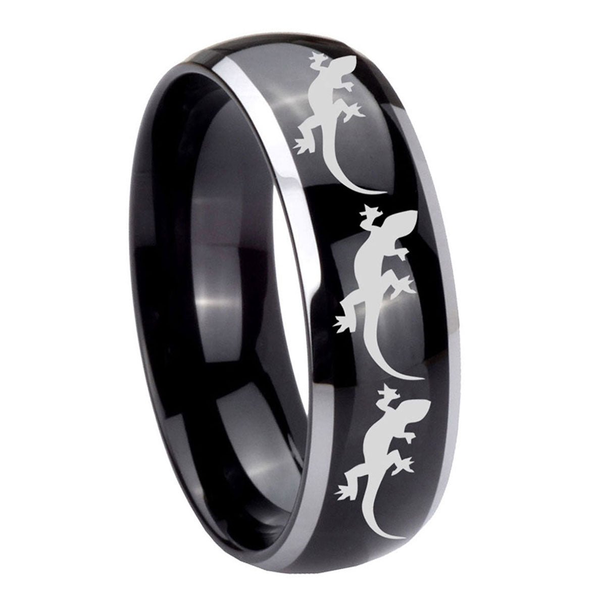8mm Multiple Lizard Dome Glossy Black 2 Tone Tungsten Ring