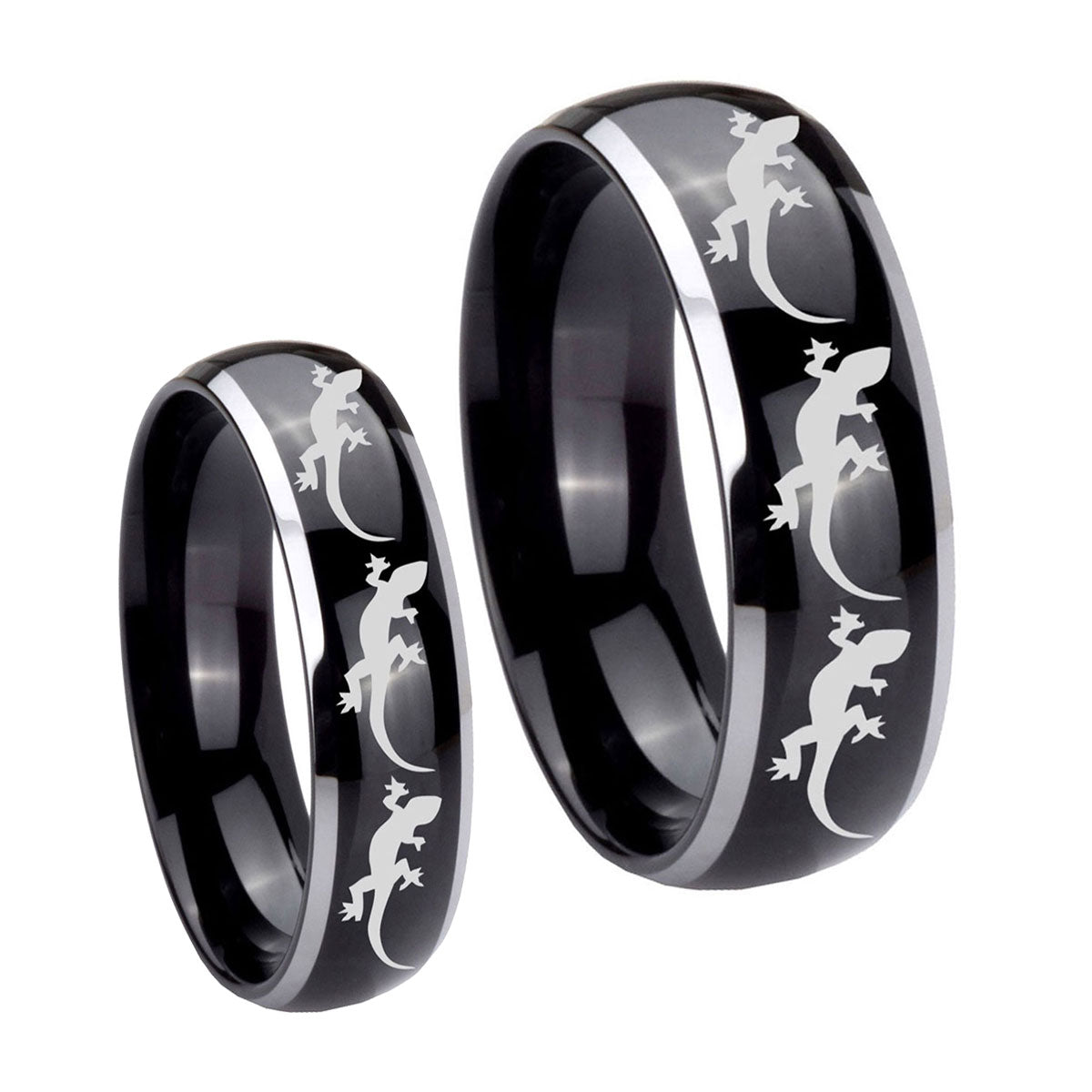 Multiple Lizard Dome Glossy Black 2 Tone Tungsten His Hers Set Rings