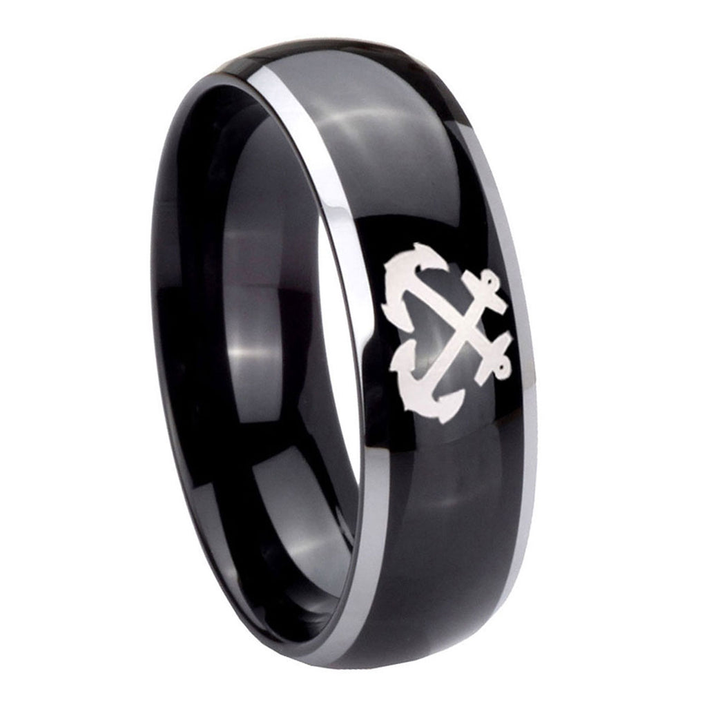 10mm Anchor Dome Glossy Black 2 Tone Tungsten Carbide Mens Ring Engraved