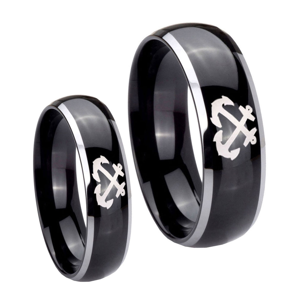 Anchor Dome Glossy Black 2 Tone Tungsten His And Hers Ring