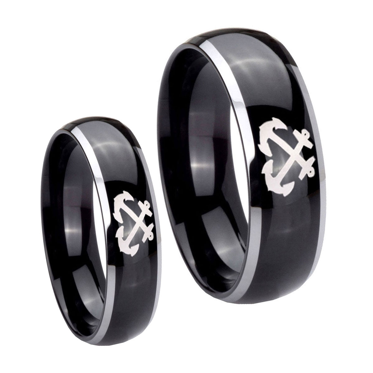 Anchor Dome Glossy Black 2 Tone Tungsten His And Hers Ring