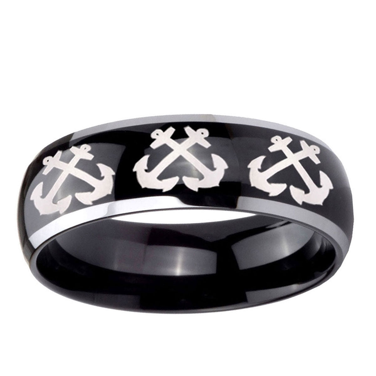 5mm Multiple Anchor Dome Glossy Black 2 Tone Tungsten Ring