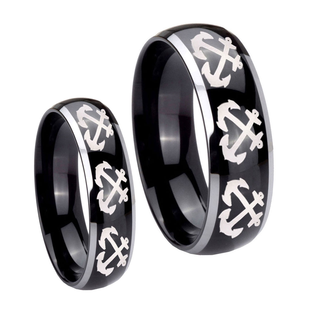 Multiple Anchor Dome Glossy Black 2 Tone Tungsten Couple Wedding Rings