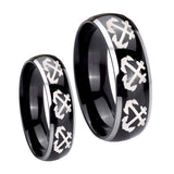 His Hers Multiple Anchor Dome Glossy Black 2 Tone Tungsten Men's Band Ring Set