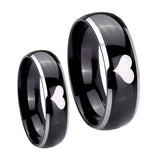 His Hers Heart Dome Glossy Black 2 Tone Tungsten Mens Ring Personalized Set