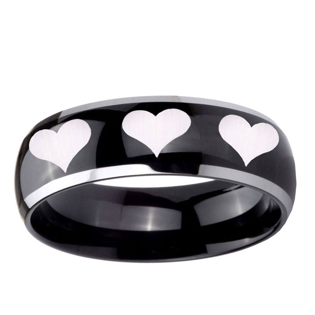 5mm Multiple Heart Dome Glossy Black 2 Tone Tungsten Bands