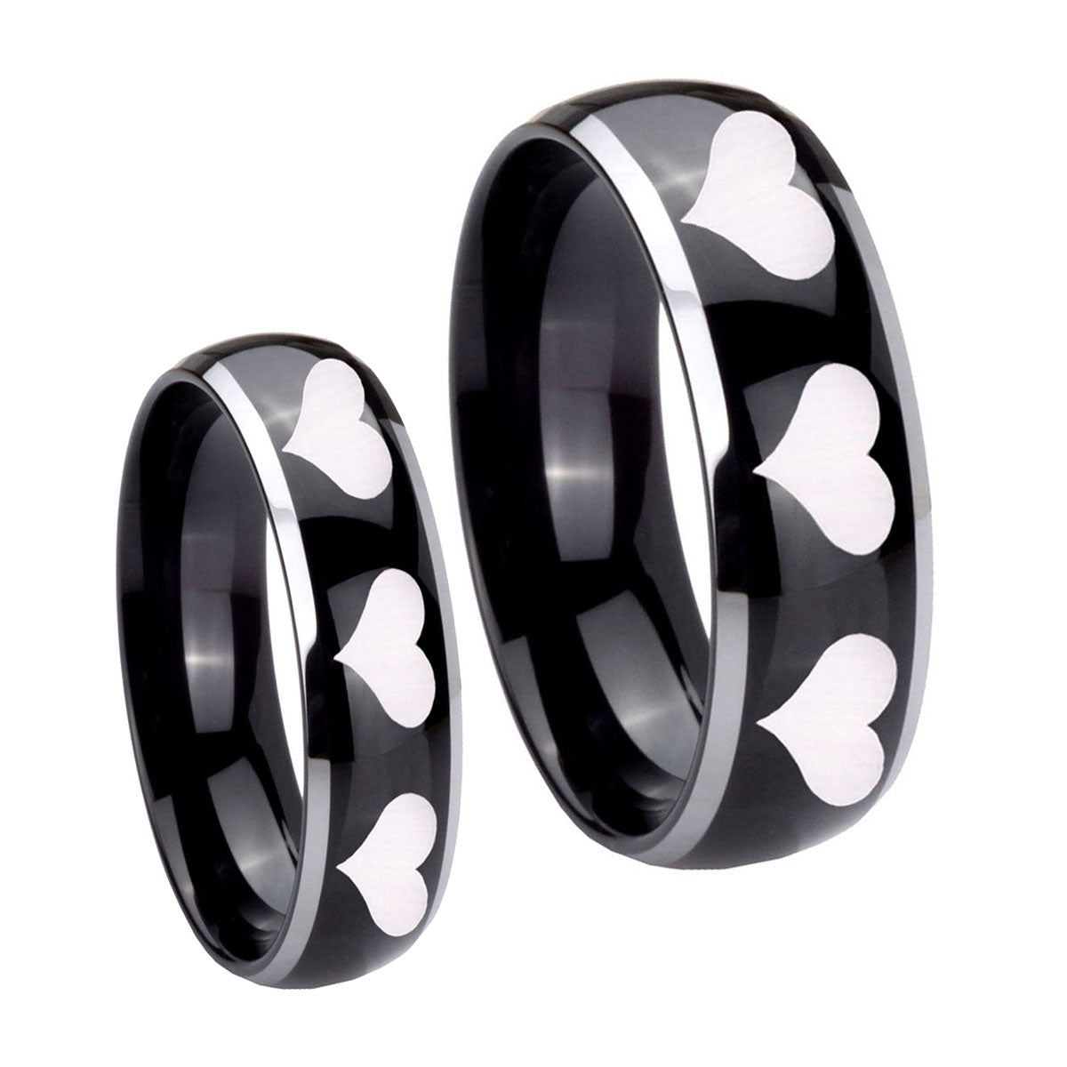 Multiple Heart Dome Glossy Black 2 Tone Tungsten His And Hers Ring