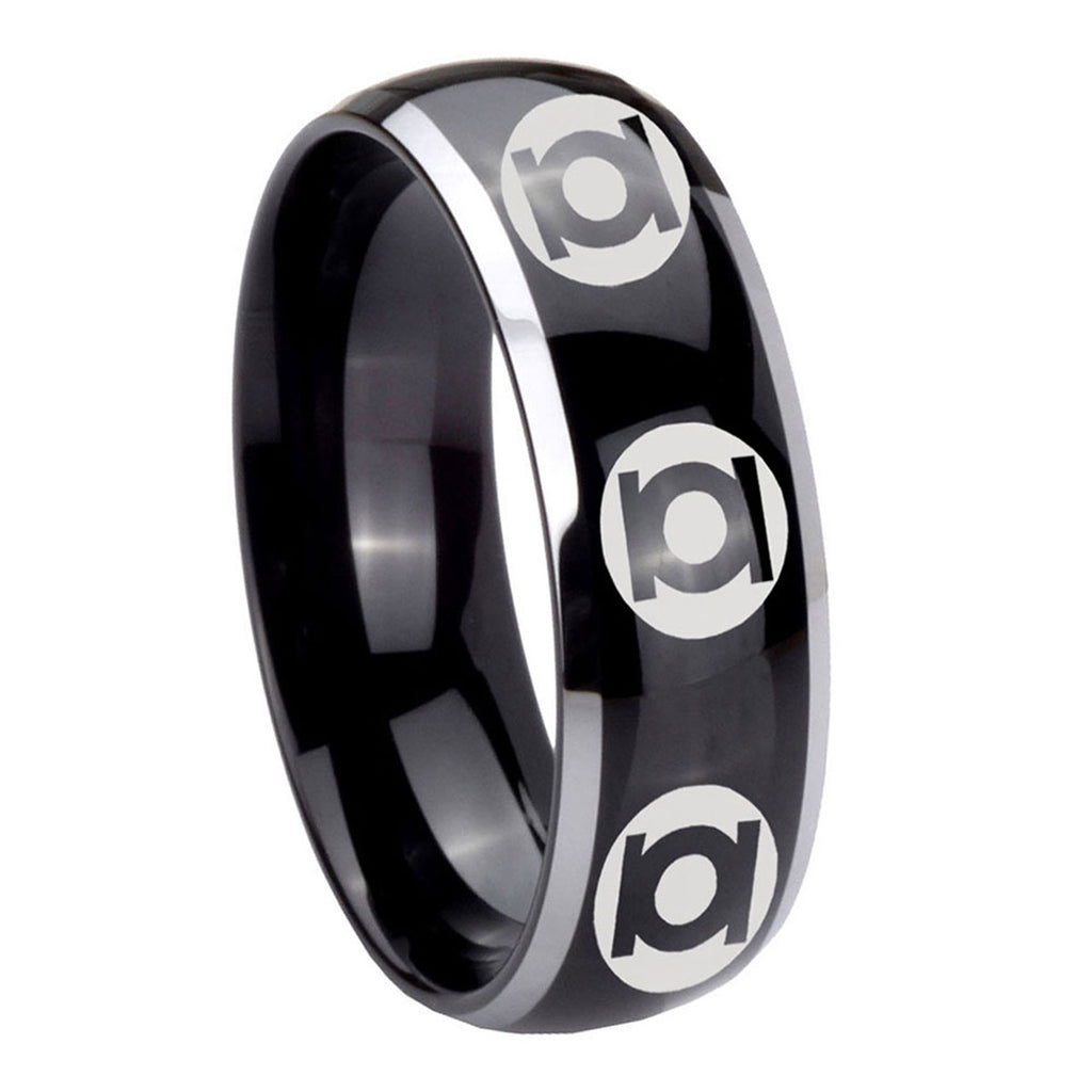 8mm Multiple Green Lantern Dome Two Tone Black Metal Ring