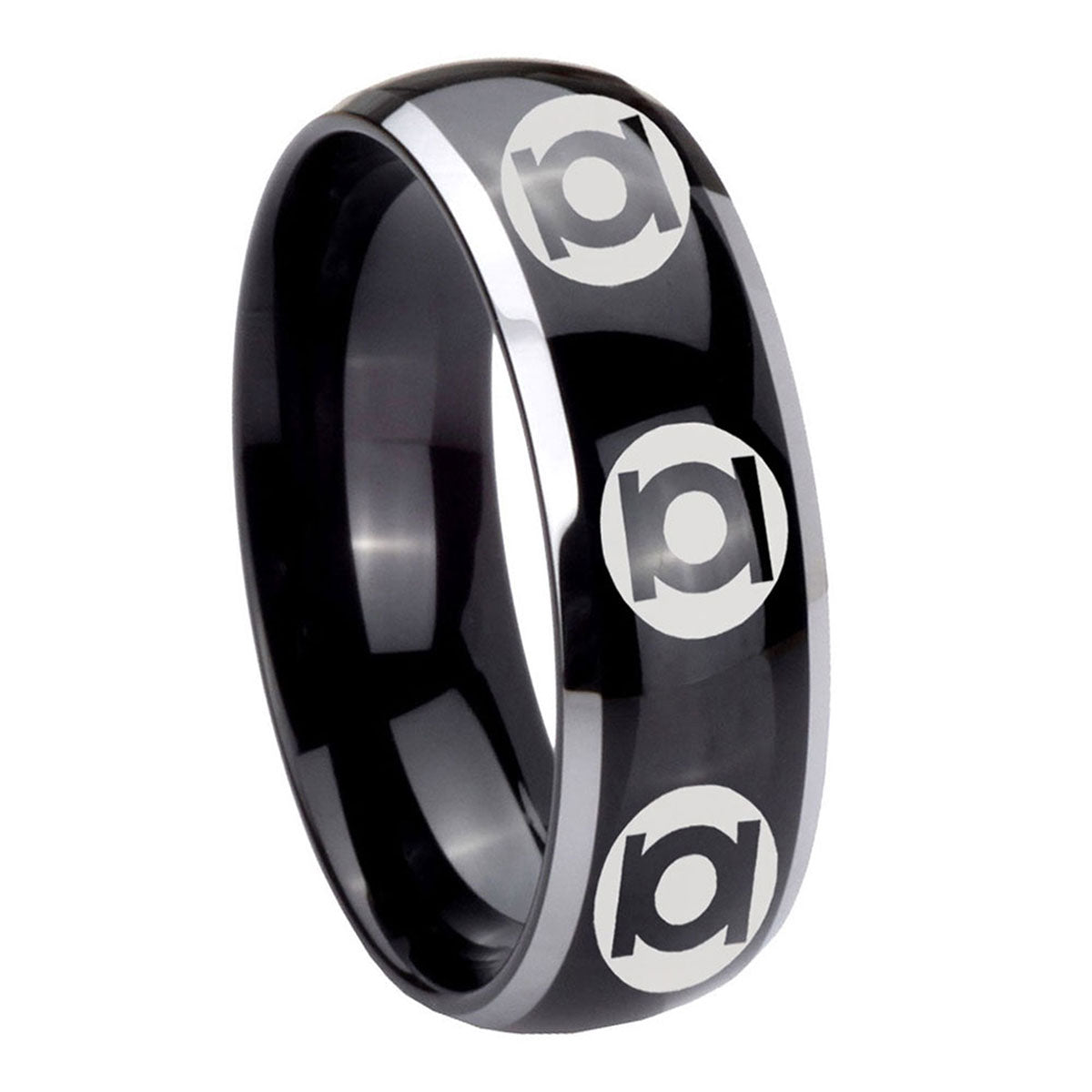 8mm Multiple Green Lantern Dome Two Tone Black Metal Ring