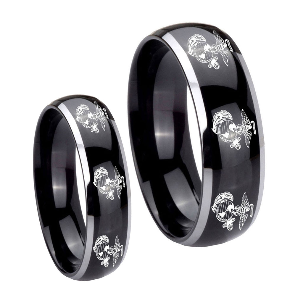 Multiple Marine Dome Glossy Black 2 Tone Tungsten His Hers Set Rings