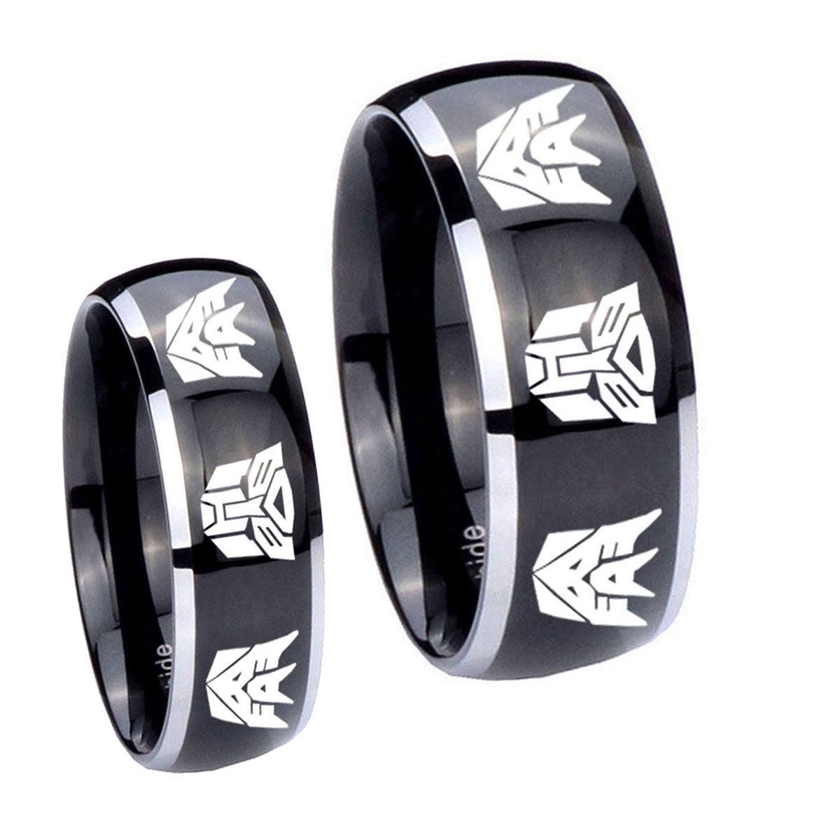 Transformers Autobot Decepticon Dome Glossy Black 2 Tone Tungsten Matching Ring Set