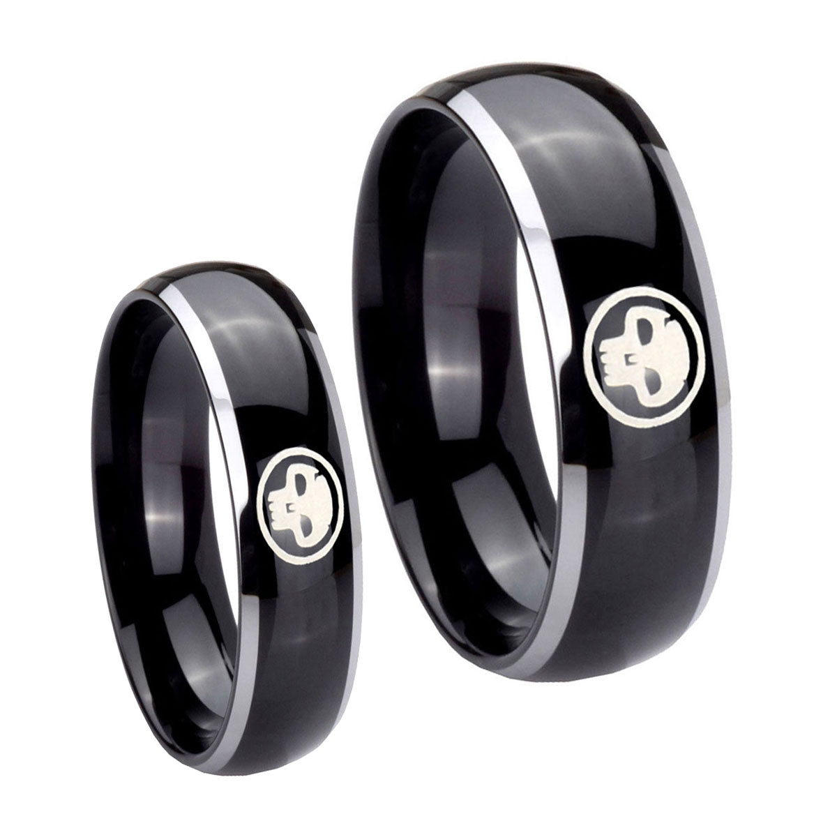 Skull Dome Glossy Black 2 Tone Tungsten Wedding Ring Set