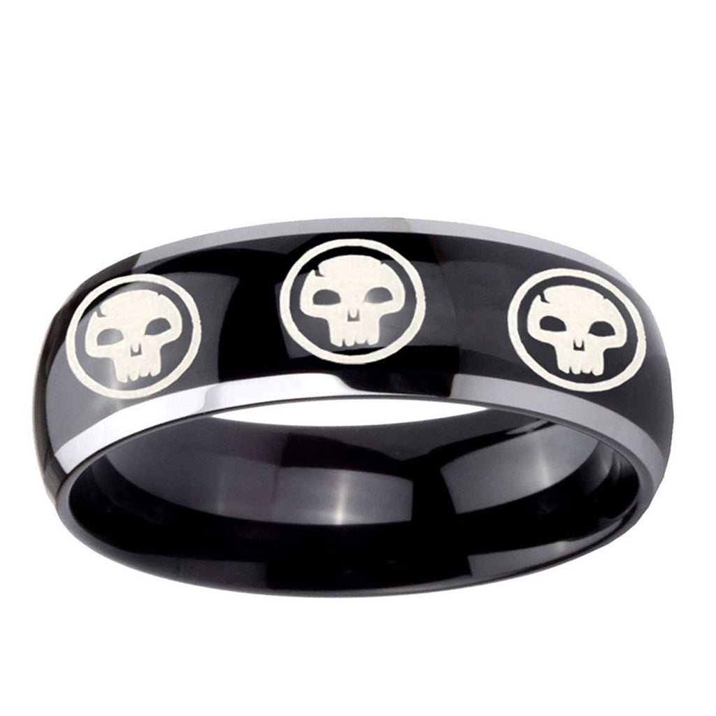 10mm Multiple Skull Dome Glossy Black 2 Tone Tungsten Ring
