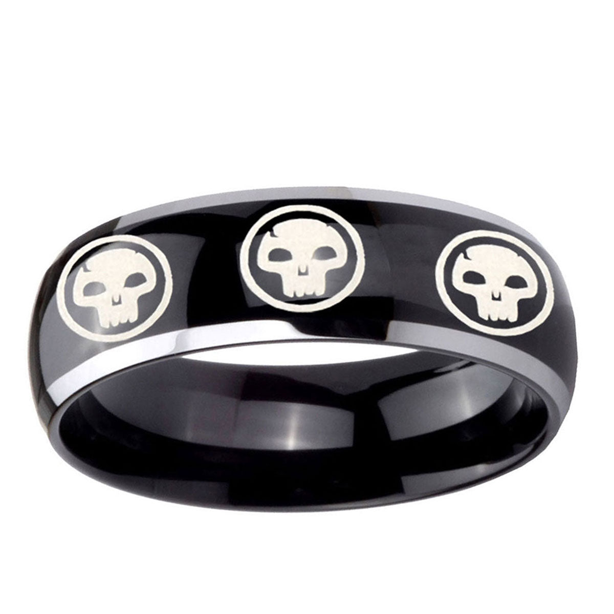 10mm Multiple Skull Dome Glossy Black 2 Tone Tungsten Ring