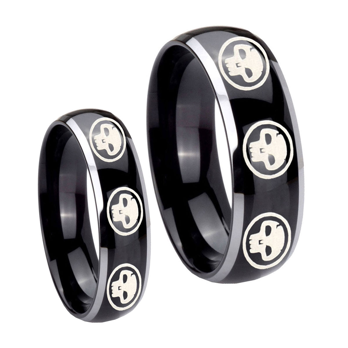 Multiple Skull Dome Glossy Black 2 Tone Tungsten Bridal Band Set