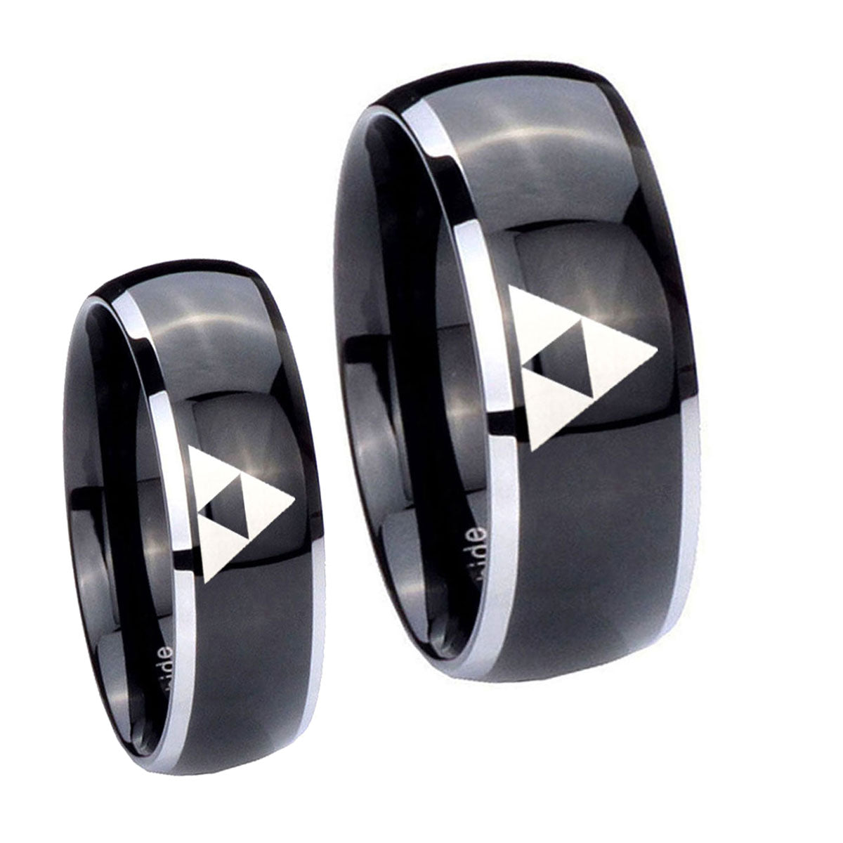 Zelda Triforce Dome Glossy Black 2 Tone Tungsten Wedding Band Set