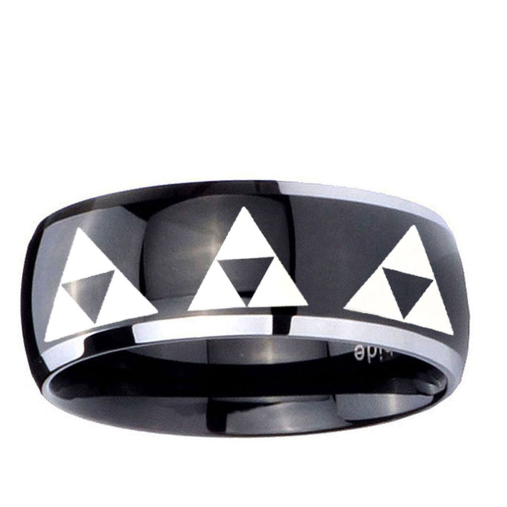 10mm Multiple Zelda Triforce Dome Glossy Black 2 ToneTungsten Ring