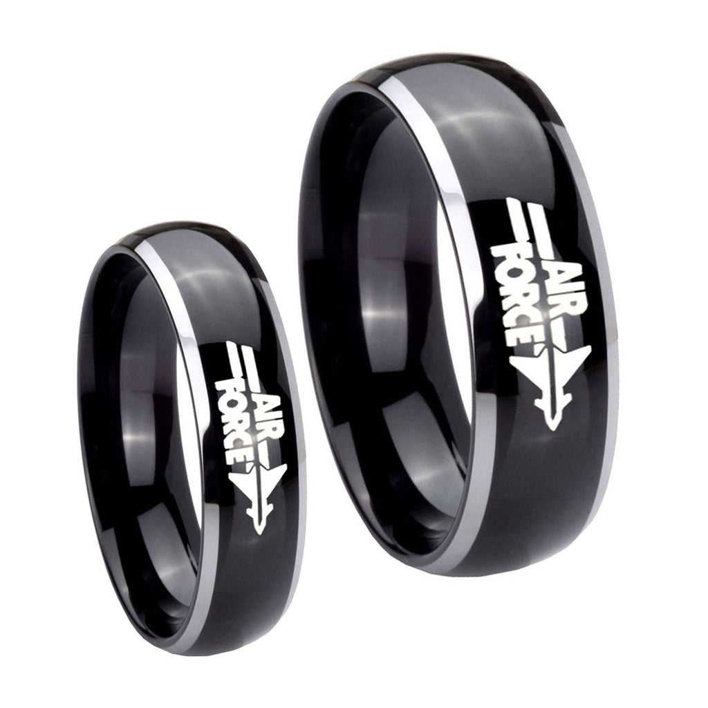 Glossy Black Dome Air Force 2 Tone Tungsten His Hers Set Rings