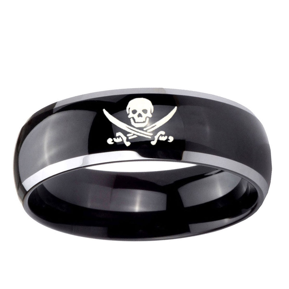 10mm Skull Pirate Dome Glossy Black 2 Tone Tungsten Carbide Custom Ring for Men