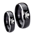 Skull Pirate Dome Glossy Black 2 Tone Tungsten Bridal Set Rings