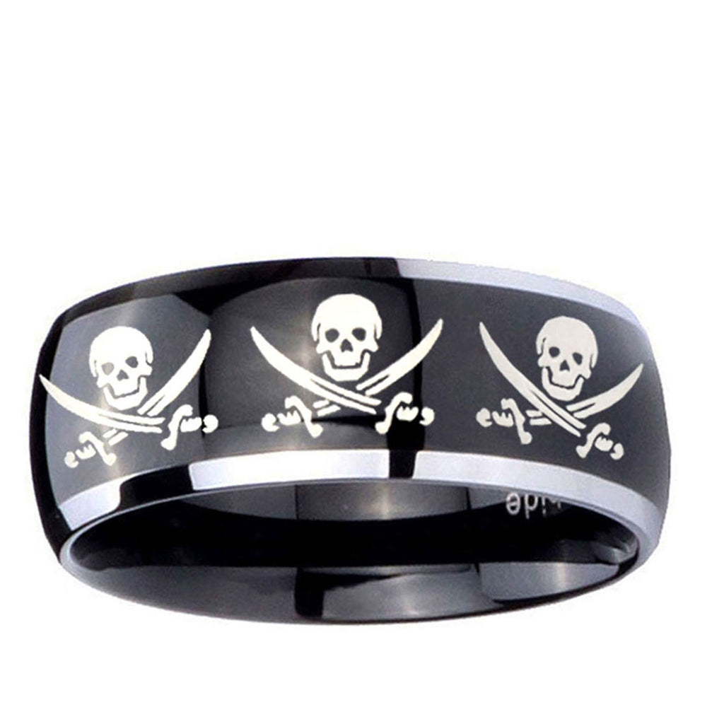 10mm Multiple Skull Pirate Dome Glossy Black 2 Tone Tungsten Mens Promise Ring